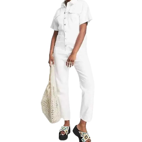 Free People 80s Style White Marci Utility Coveralls Denim Jean Jumpsuit - Picture 5 of 16